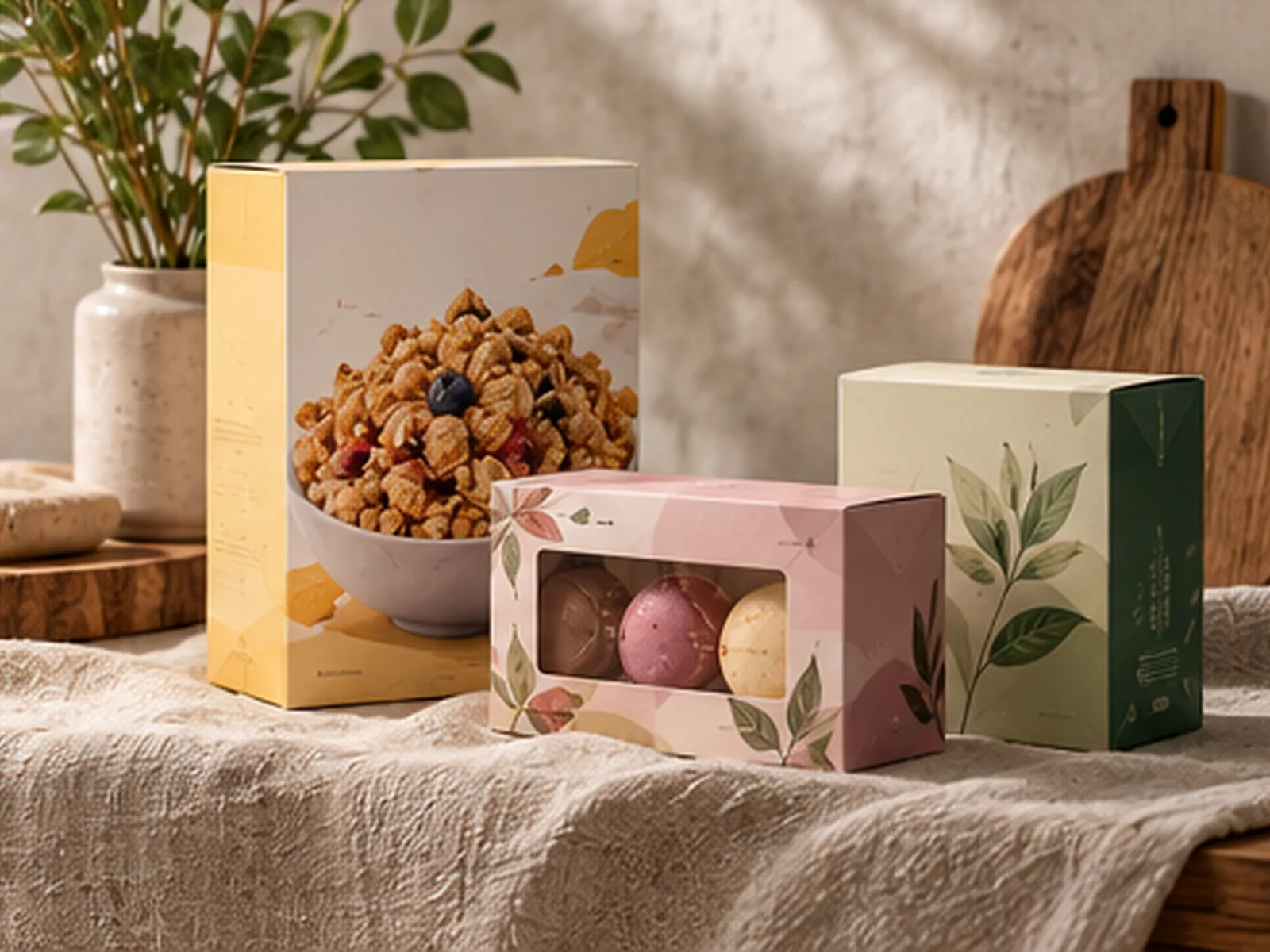 A cereal carton, a windowed confection box and a tea carton on linen, turned three quarters to camera