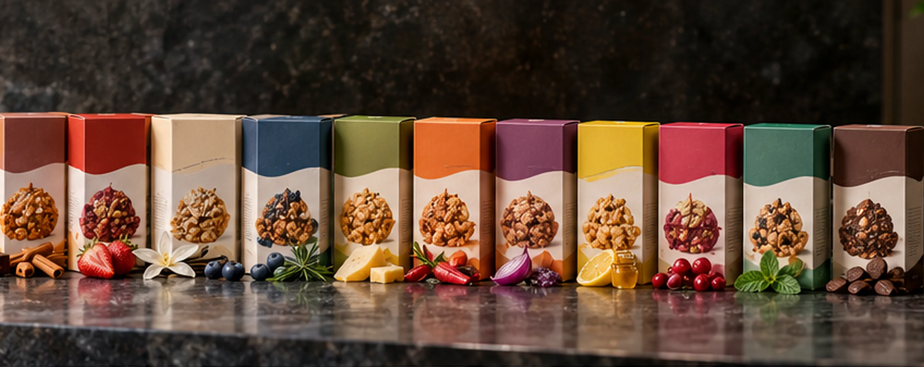Twelve flavor cartons of one snack line in a row on a dark stone counter, each flavor band matched to the ingredients laid in front of it