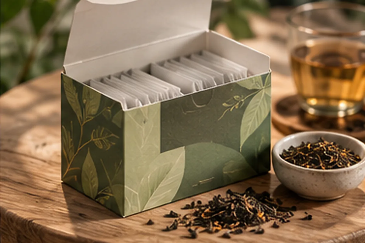 A leaf printed tea carton with its top open over rows of wrapped tea bags, loose leaf tea and a glass of tea on a wooden board