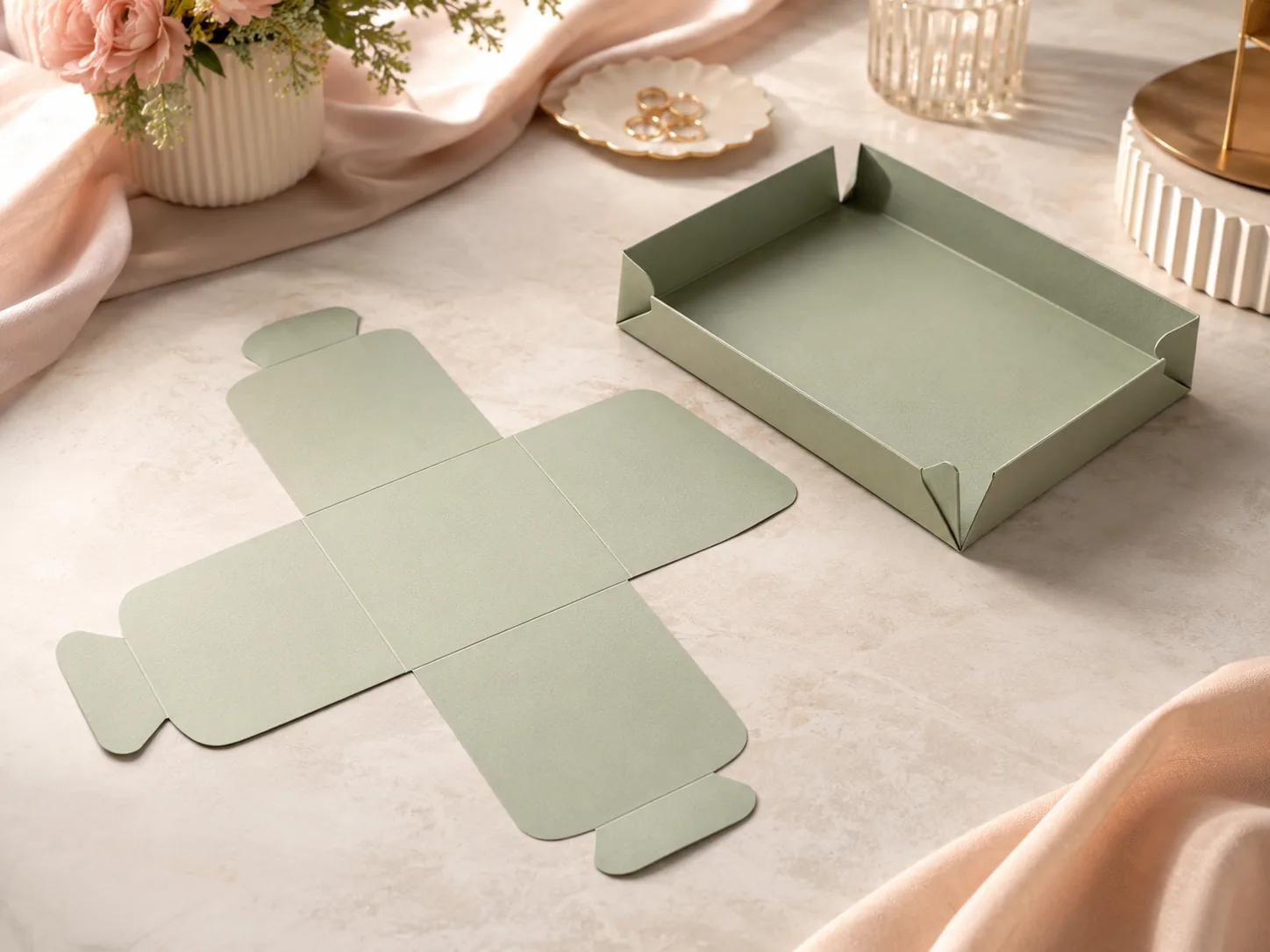 A sage four corner tray erected on a pale counter beside its own flat blank, the plus shape of the blank and the finished tray in one frame.
