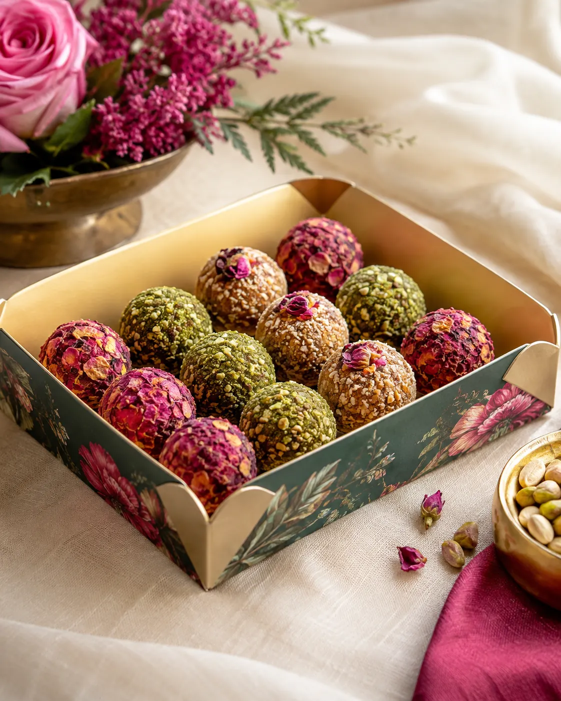 A floral printed four corner tray with gold corners sitting on linen, filled with the sweets it was drawn around, one corner nearest camera.