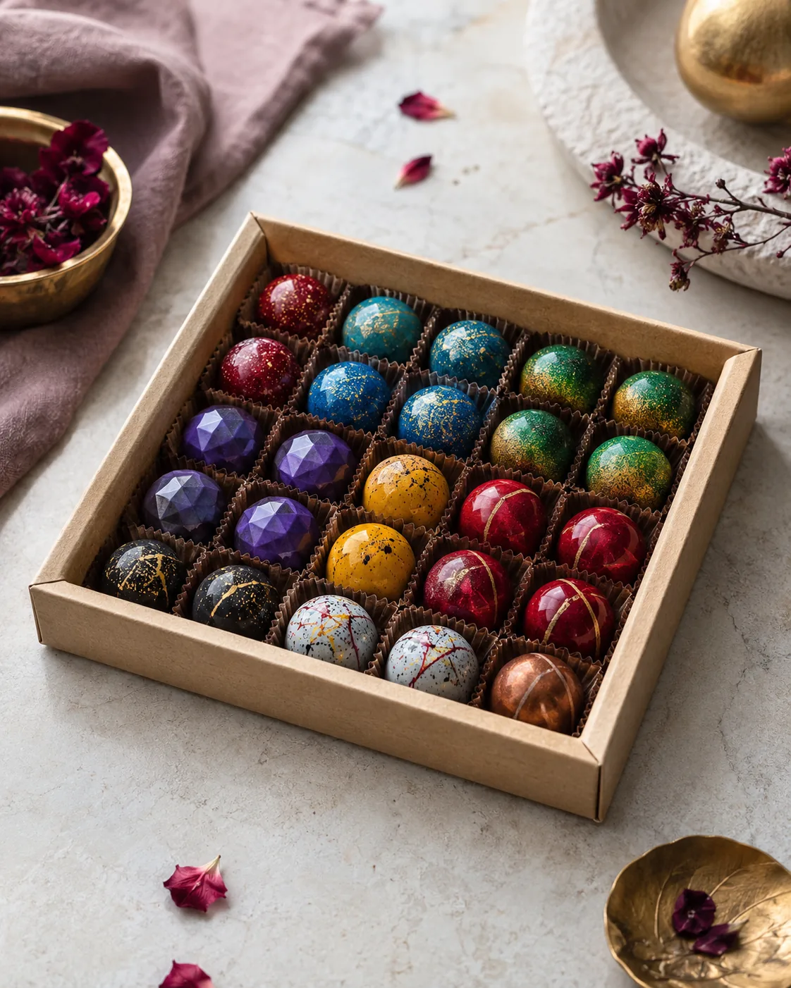 A shallow kraft four corner tray of decorated bonbons on a pale stone counter, shot from slightly above so all four glued corners read.