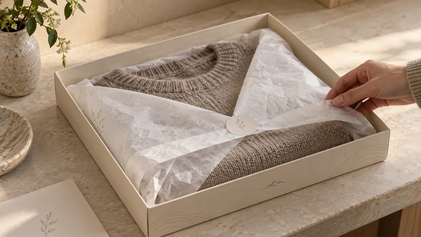A wide shallow cream four corner tray on a stone counter holding a folded knitwear piece under printed tissue, a hand drawing the tissue back off it.