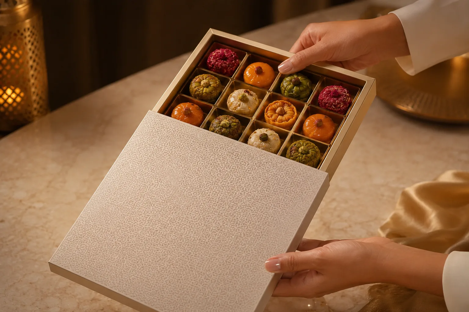 Two hands lifting a patterned lid away from a compartmented tray of sweets, the two pieces just parting.