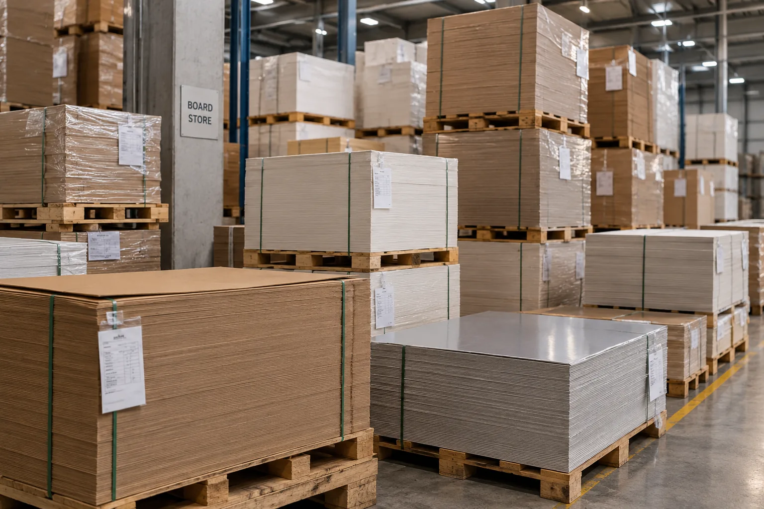 The board store, strapped pallets of kraft board in front, white folding boxboard stacked two high behind and a pallet of silver metallized board to the right, each with a docket on its side and a BOARD STORE sign on the column.