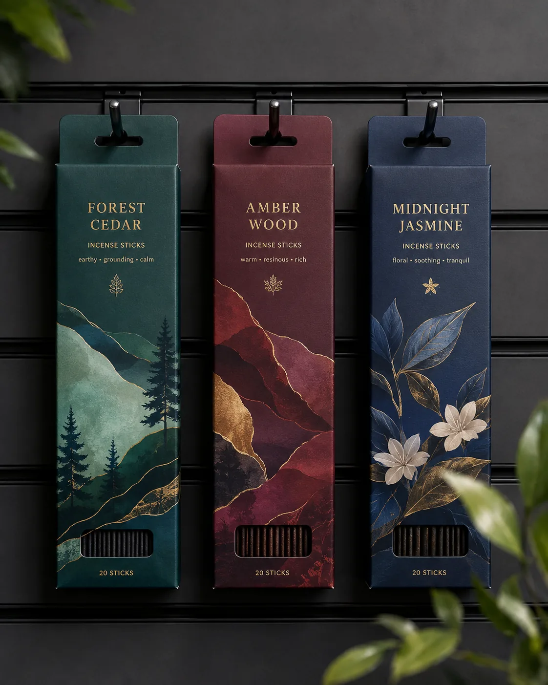 Three incense cartons hanging from peg hooks on a dark retail wall by the euro slot in the tab above each closed top