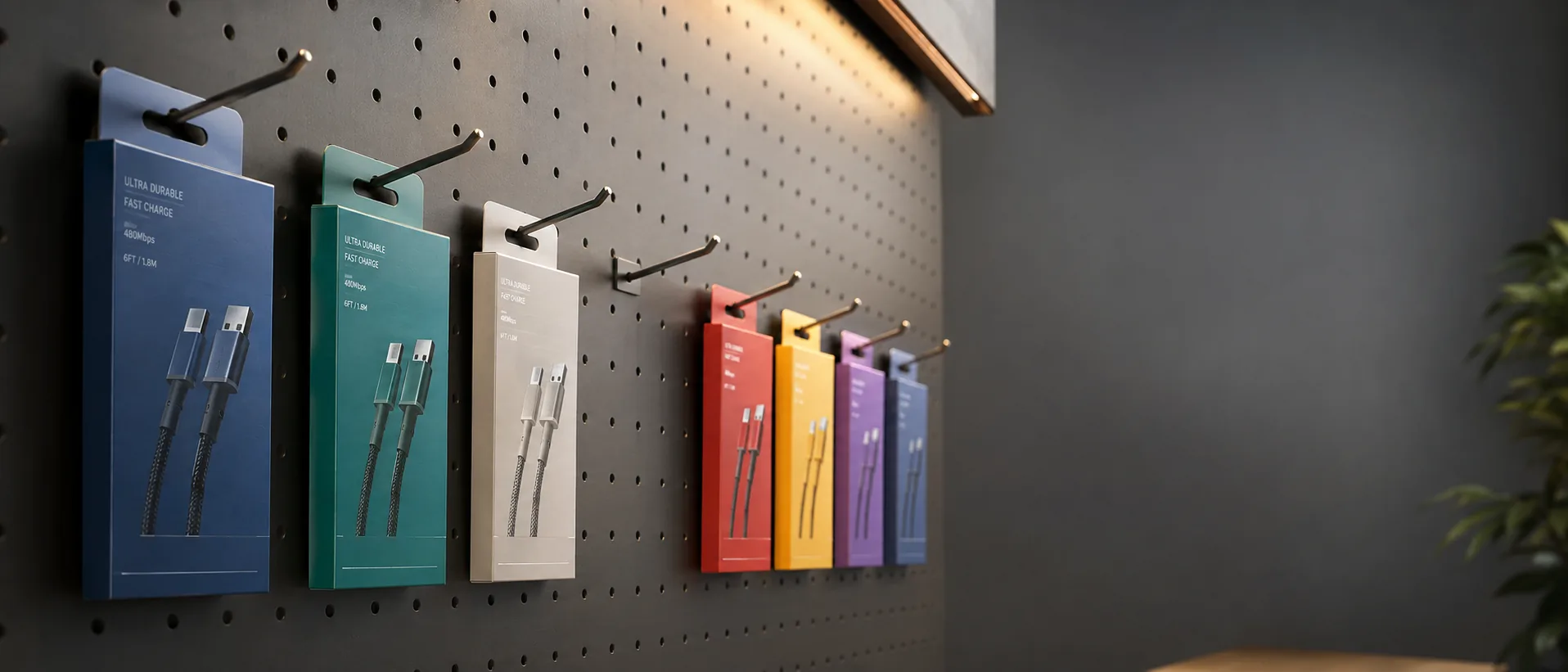 A retail peg wall of hanging cable cartons receding into shallow focus, one hook empty in the middle of the row.