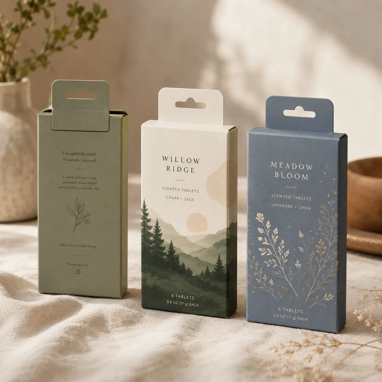 Three reverse tuck end cartons with hang tabs standing in a row on linen, the nearest turned to show the doubled tab from behind.