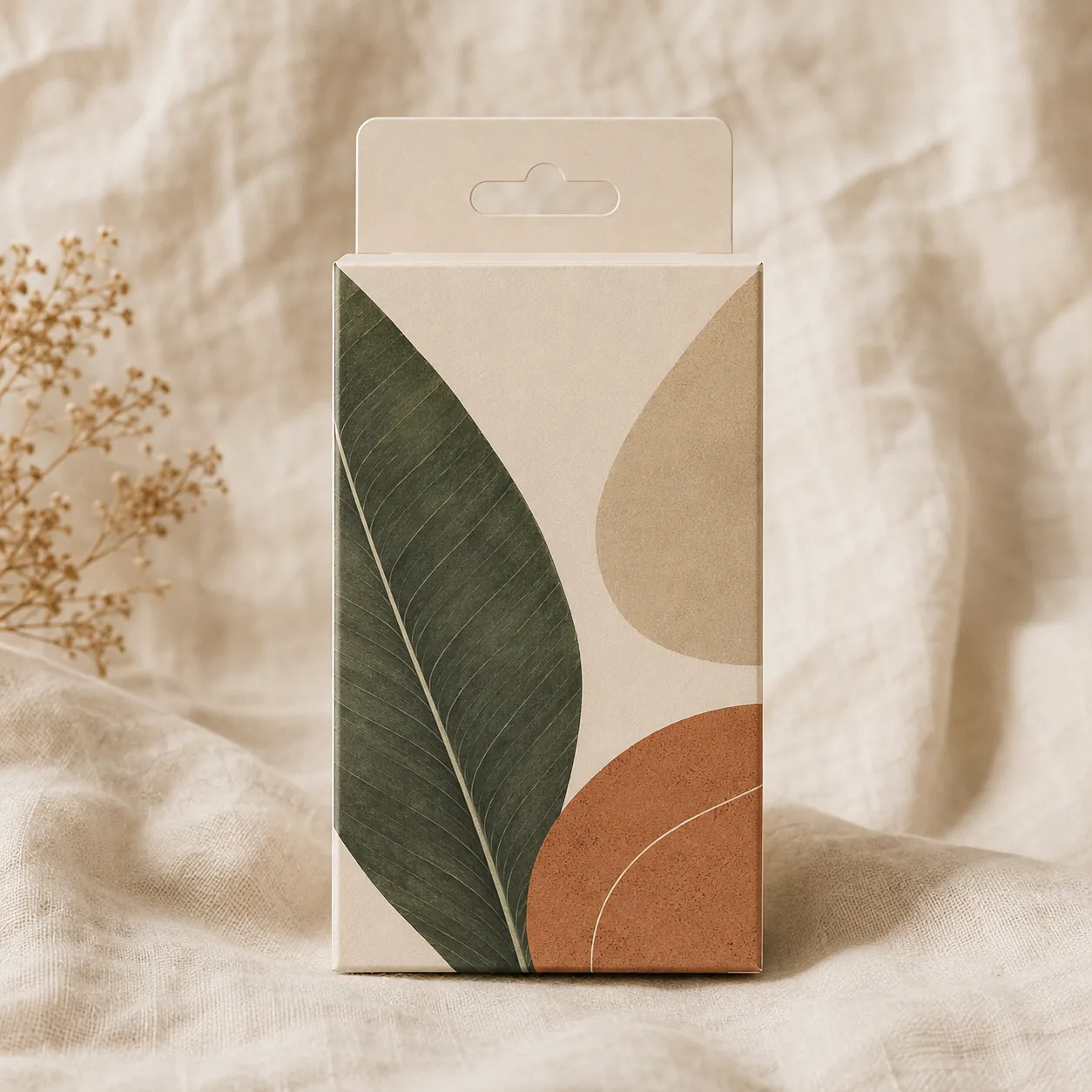 A straight tuck end carton with a hang tab standing above its closed top, face front on linen with no hook in frame.