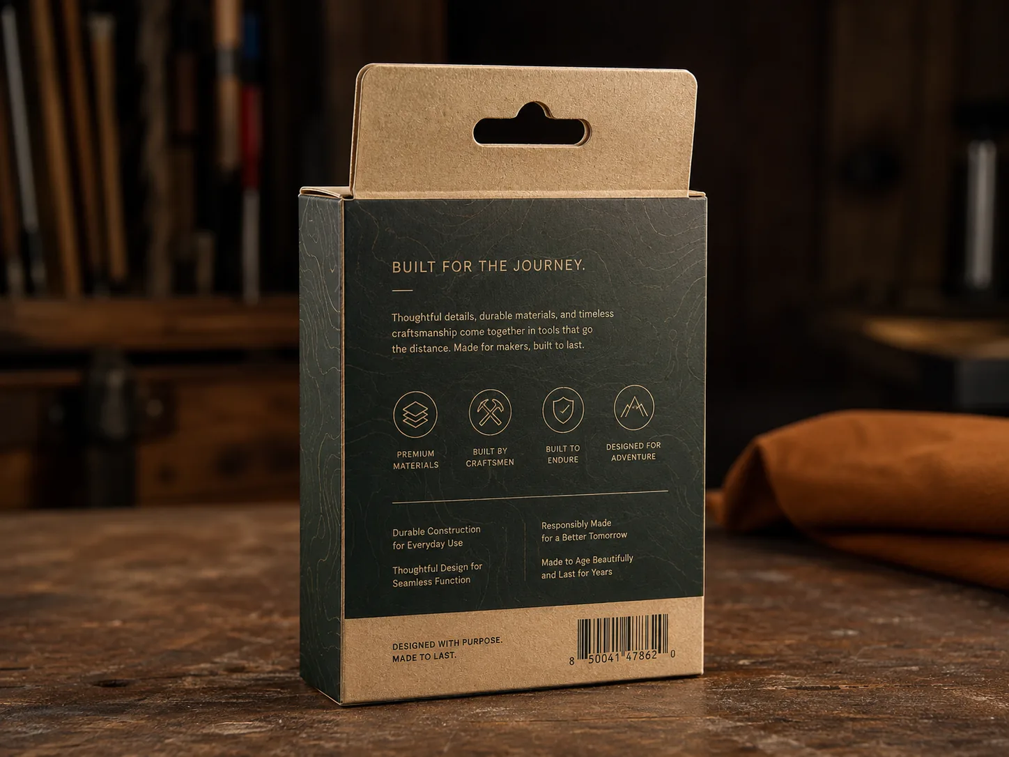 A hang tab carton on a bench seen from the back, the tab standing up above the closed top so both thicknesses of the fold-back read.