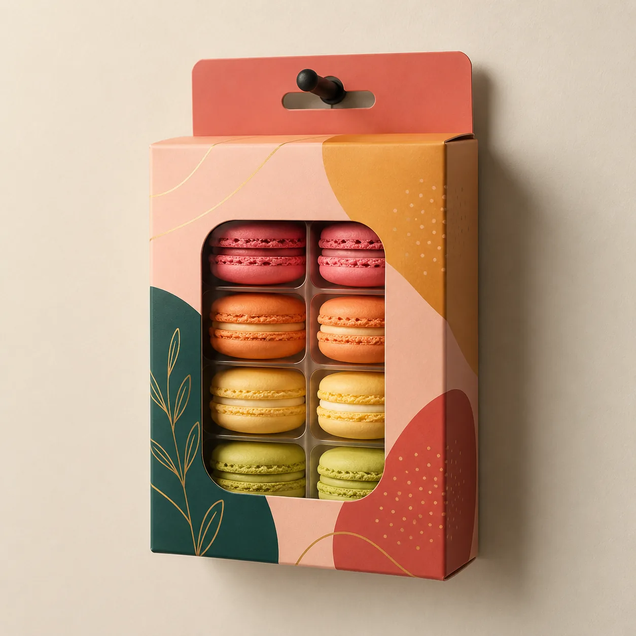 A window carton of macarons with a hang tab, hanging from a single peg hook against a plain wall with the macarons visible through the aperture.