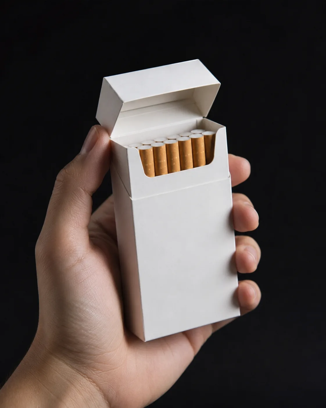 A hand holding an open white hinge lid pack, the lid flipped back at rest and the contents standing in a row below the curved shoulder cut.