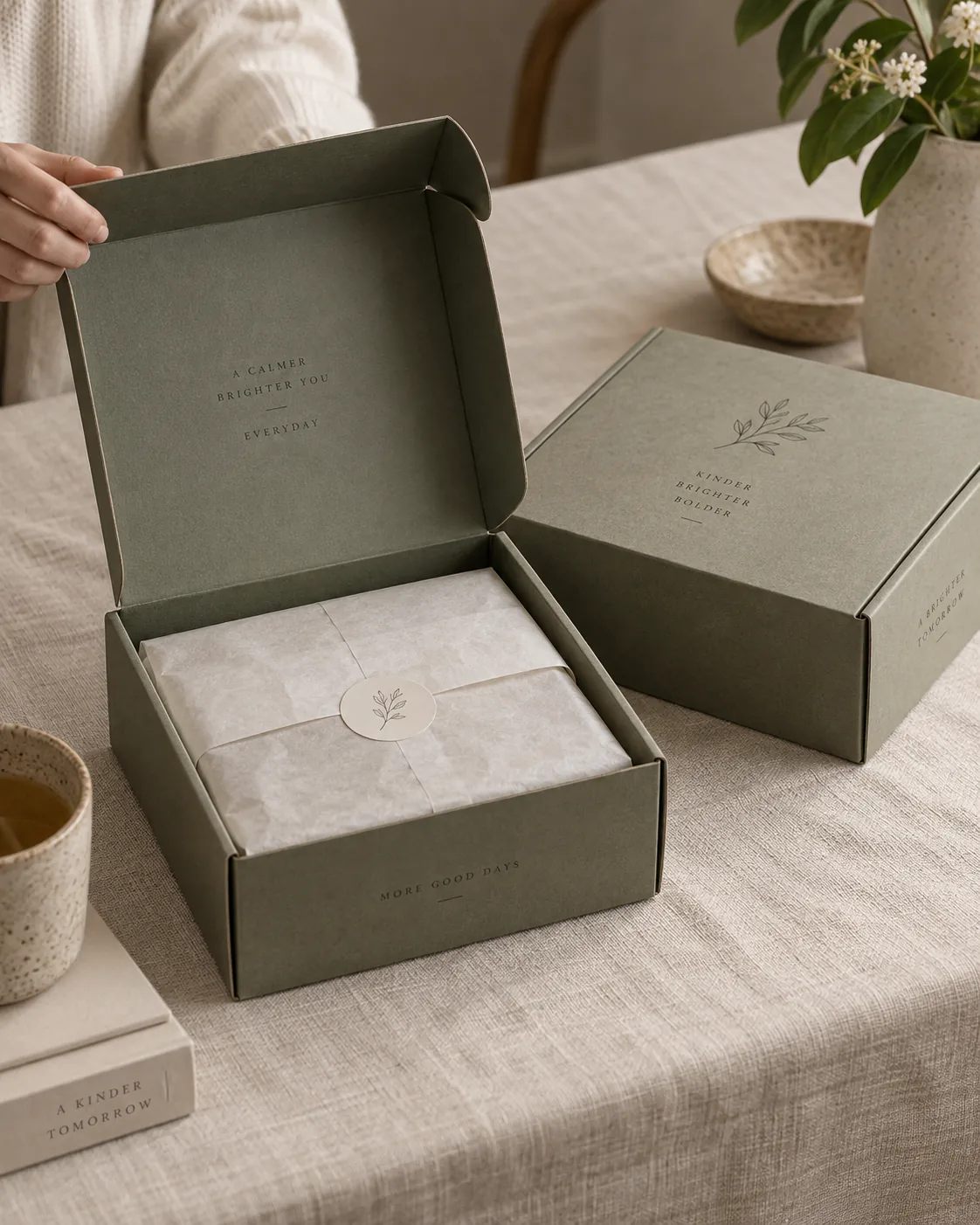 Two olive green hinge lid cartons on a linen cloth, the near one open with its lid folded back over the wrapped contents and the far one closed