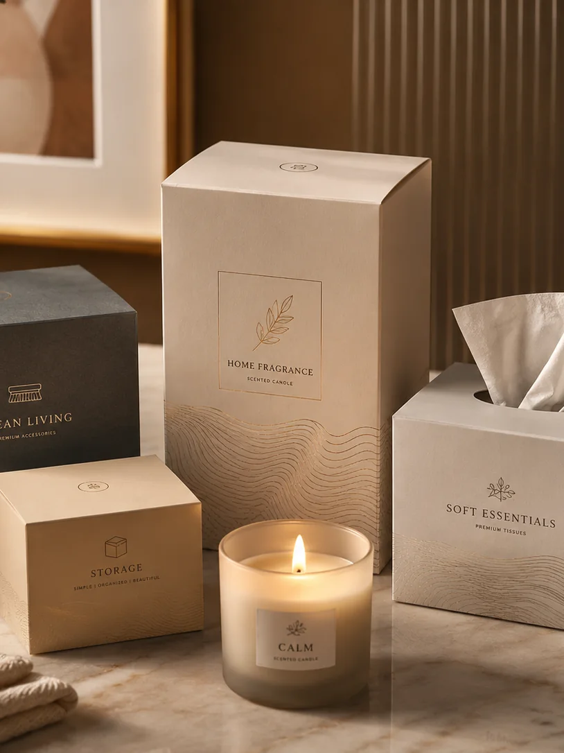 Household cartons in one livery, storage, home fragrance and a tissue carton together