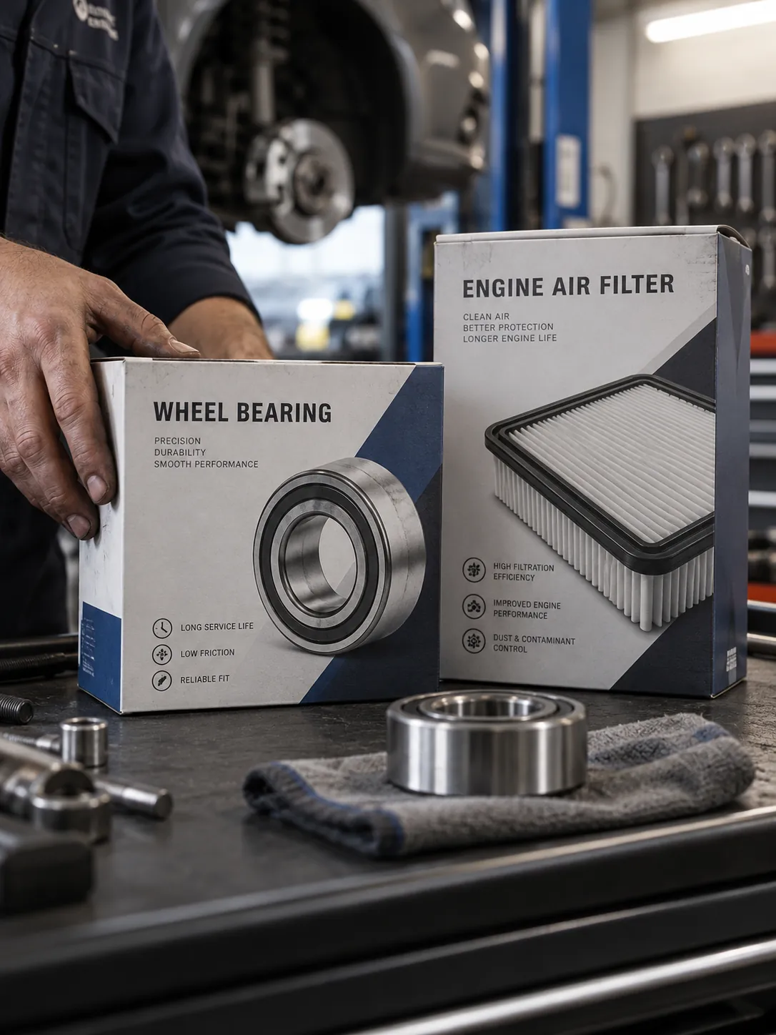 A wheel bearing carton and an engine air filter carton on a workshop bench, each with the part illustrated across its face, a bearing lying on a cloth in front of them.