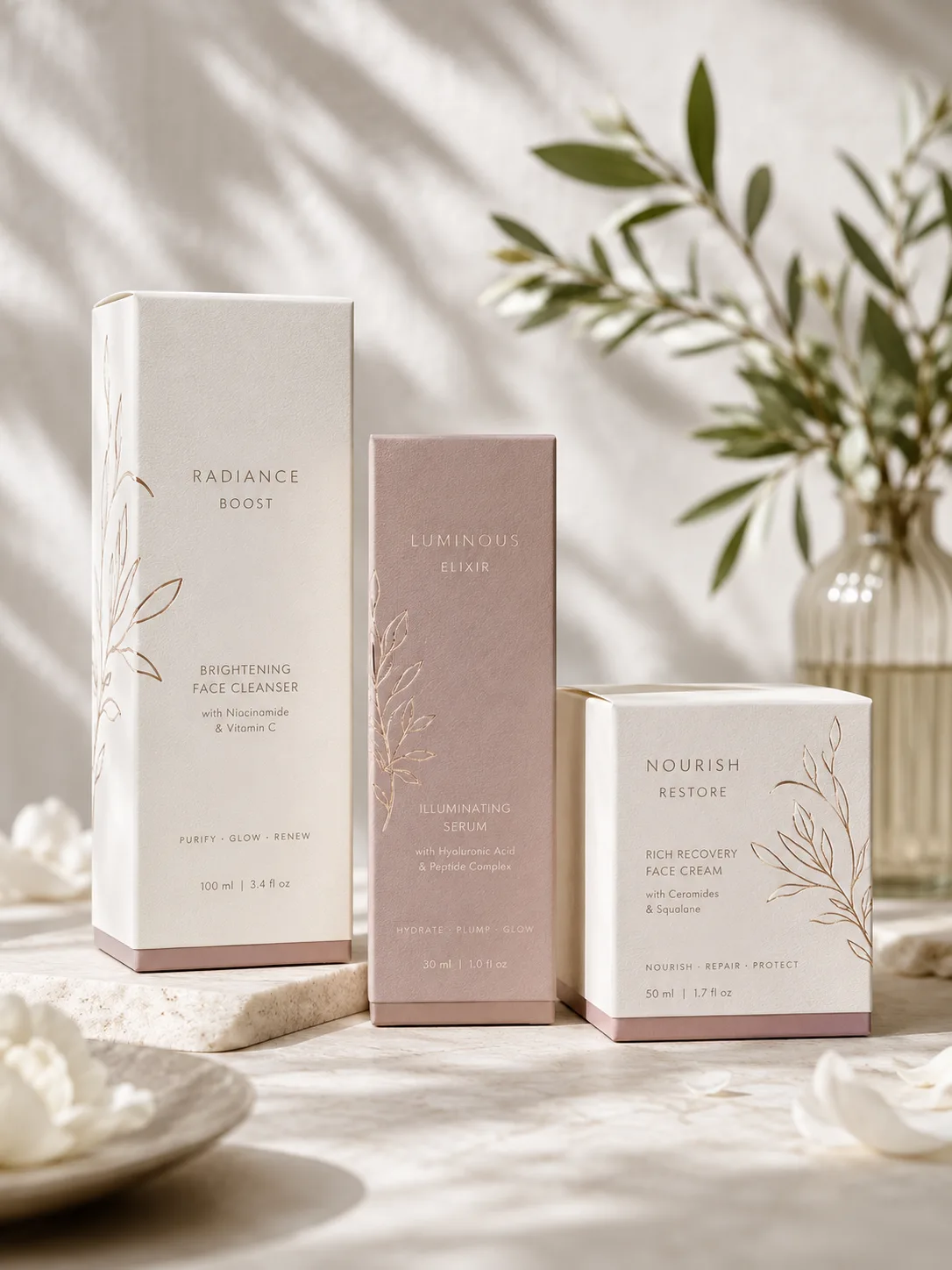 Three skincare cartons in one cream and blush livery, a tall cleanser, a slim serum and a square face cream, standing together in dappled daylight.