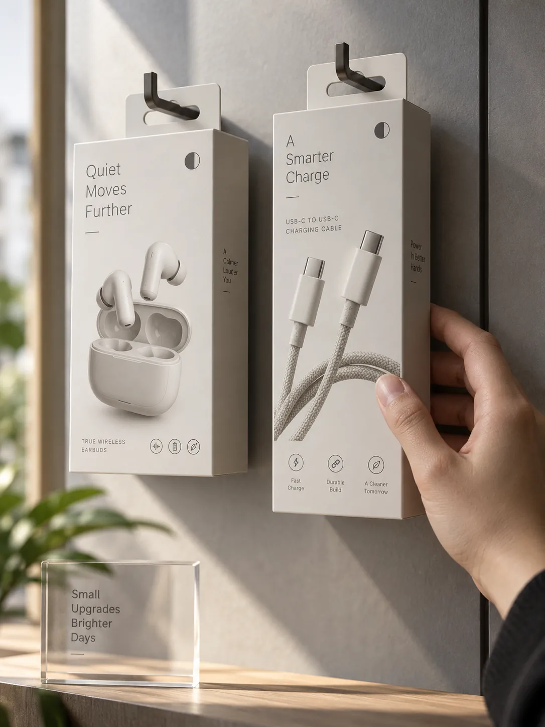 Two consumer electronics cartons hanging on retail pegs, an earbuds box and a charging cable box in one off-white livery, a hand lifting the second one off its hook.