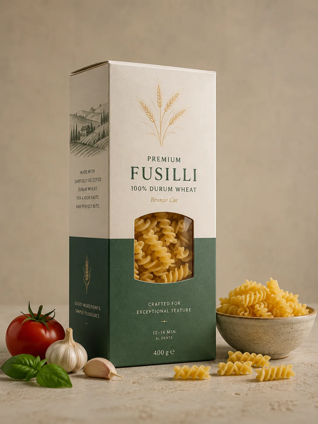 A cream and green pasta carton with a die cut window showing the fusilli inside, a bowl of pasta, a tomato, garlic and basil beside it.
