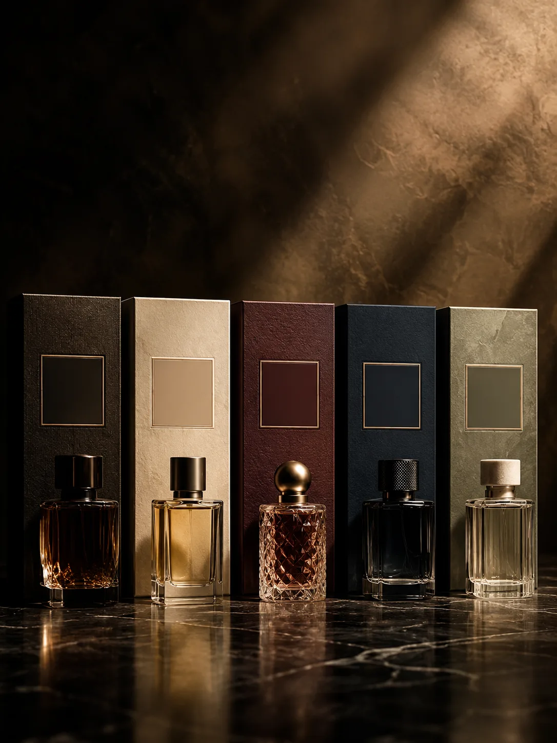 Five fragrance cartons in five liveries standing in a row on dark marble, each with its bottle in front of it, one shaft of light across them.