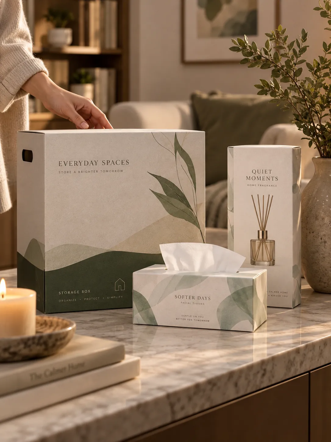 A storage carton, a facial tissue carton and a home fragrance carton in one cream and green botanical livery standing together on a marble console in a lit living room.