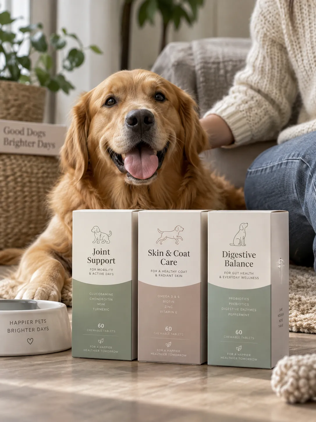Three pet supplement cartons in one cream and sage livery, a joint, a skin and coat and a digestive box, standing at floor level in front of a golden retriever with its owner behind it.