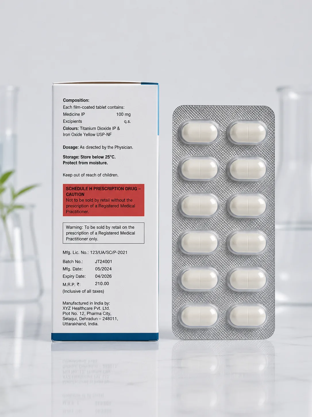 A pharmaceutical carton turned to its regulatory panel, dosage and batch detail legible, a foil blister strip of tablets standing beside it.