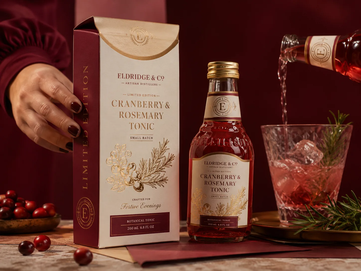 A limited edition botanical tonic carton from an artisan distillery, gold foil botanicals on a cream panel and a curved top flap, standing beside its filled bottle as a glass is poured behind it.