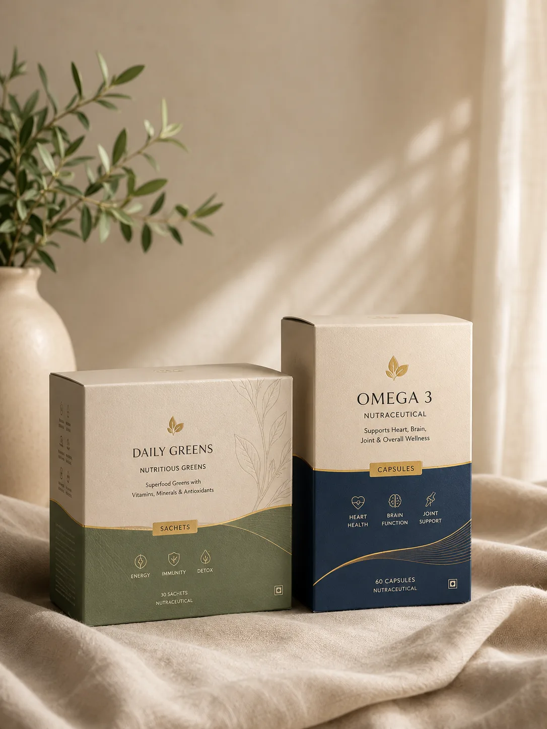 A sachet carton and a capsule carton in one cream and gold livery standing together on folded linen, an olive branch in a vase behind them.