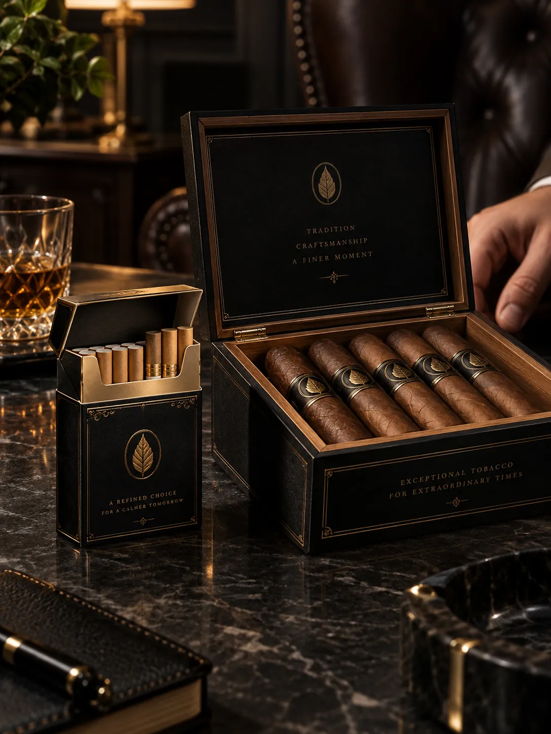 A black and gold hinge lid cigarette pack open beside a cigar box with its lid raised, gold foil leaf marks on both, on dark marble under a warm lamp.