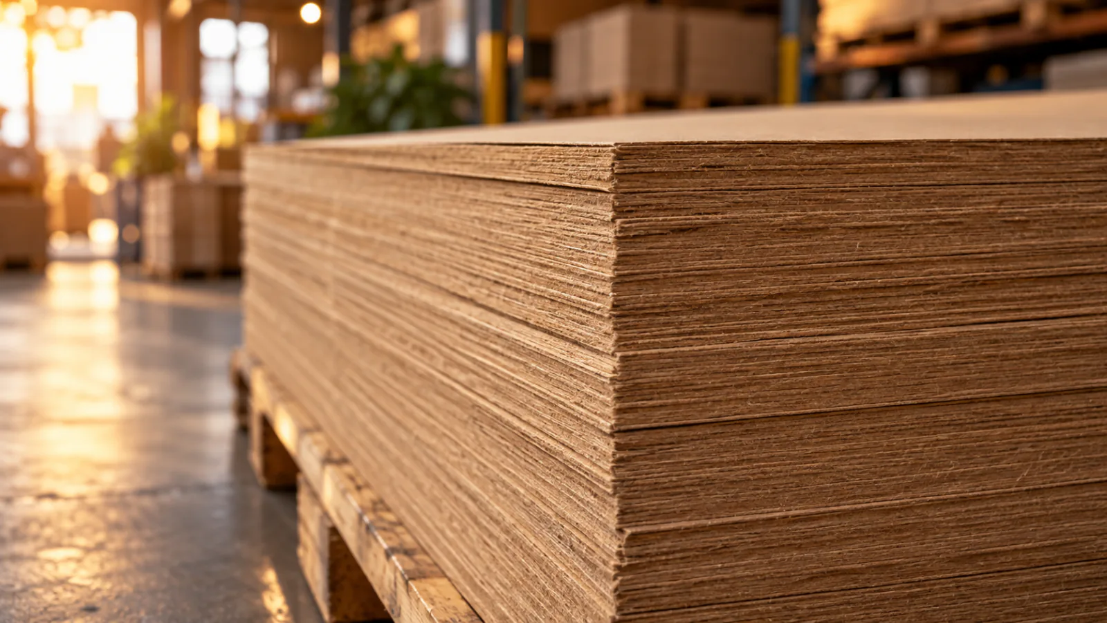 A pallet of natural kraft board sheets in a board store, the stacked cut edges filling the frame and brown through every sheet