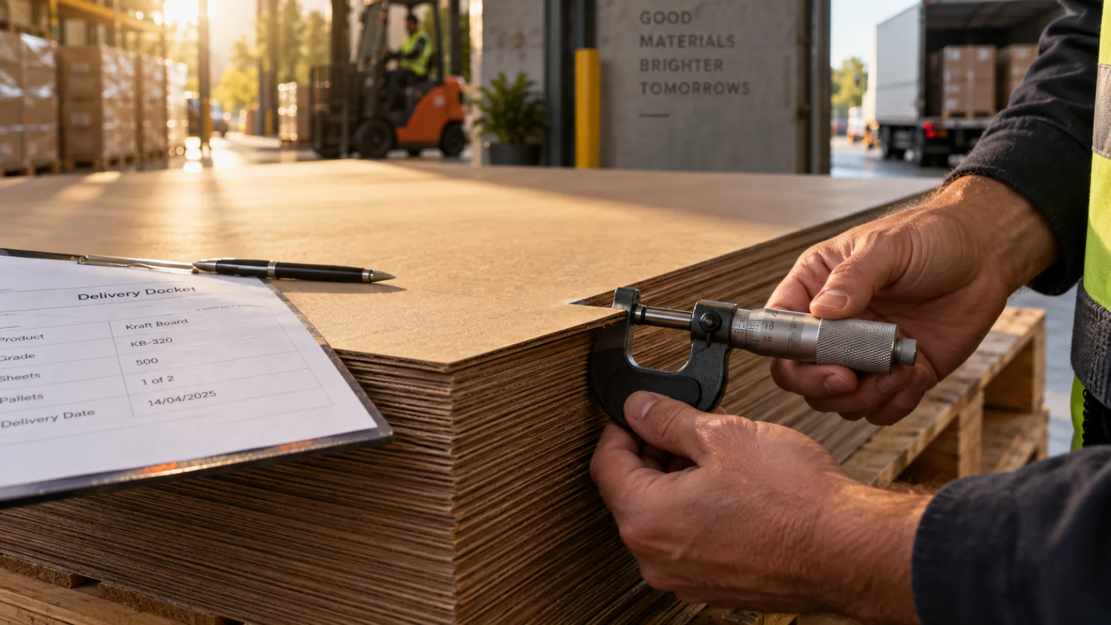 Two hands closing a micrometer on the top sheet of a pallet of kraft board at a loading dock, a delivery docket on a clipboard lying on the stack beside it