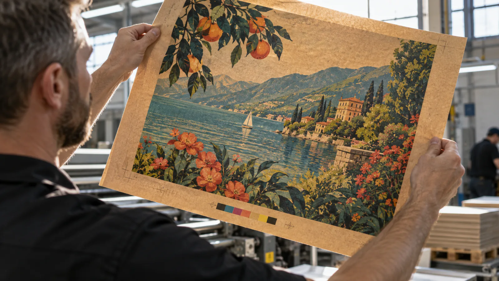 A press sheet of natural kraft held up to the light in both hands on the press floor, a four color lakeside print on it with a color bar along the foot of the sheet