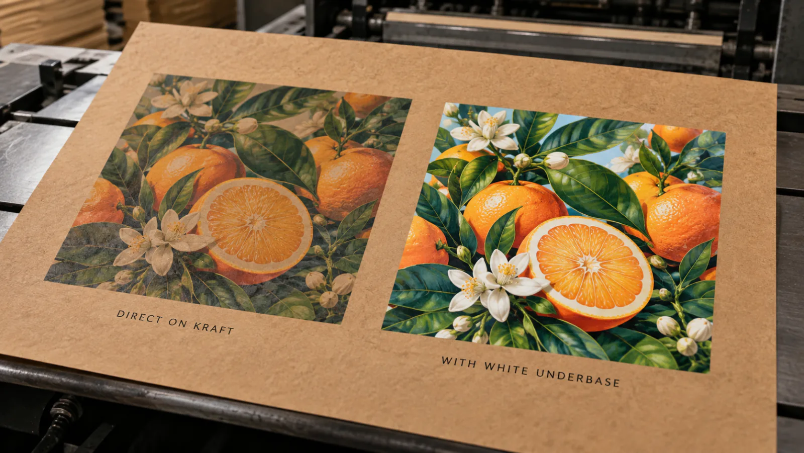 A natural kraft press sheet on the press carrying the same orange blossom image twice, the left print direct on the brown and dull and warm, the right print over a white underbase and bright, with the whites of the flowers reading white