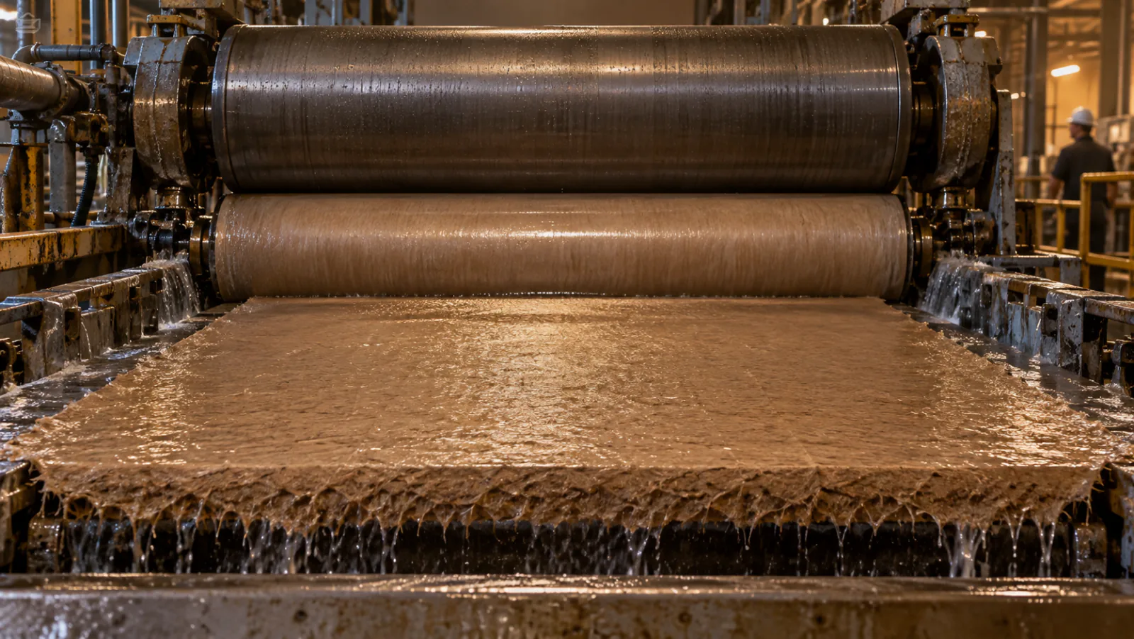 Wet brown kraft pulp running as a fiber mat under two steel press rolls on a board machine, water draining off the edge of the mat