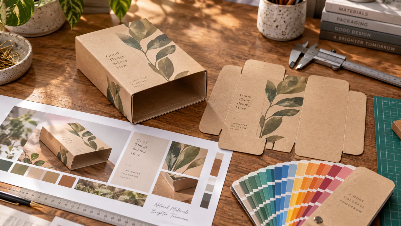 A printed natural kraft sleeve box on a wooden desk beside its flat die cut blank, with a printed proof sheet, a color fan and a vernier caliper laid out around them
