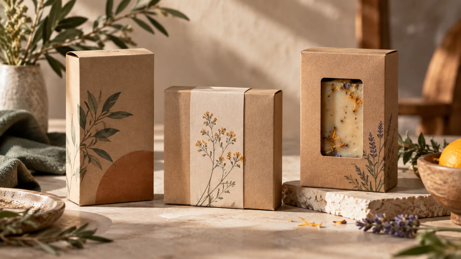 Three natural kraft cartons on a pale stone bench in warm side light: a tall tuck end carton printed with green leaves, a carton wrapped in a printed paper sleeve, and a window carton showing a bar of soap with dried petals through the aperture