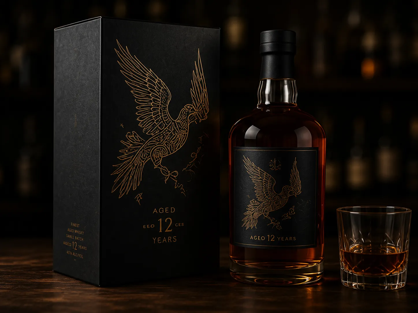 Whisky presentation carton standing beside its bottle