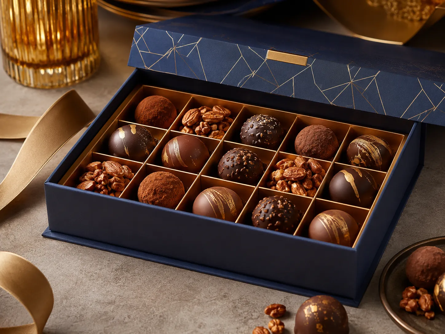 A navy truffle box open on a stone counter, hairline gold foil facets running across the lid