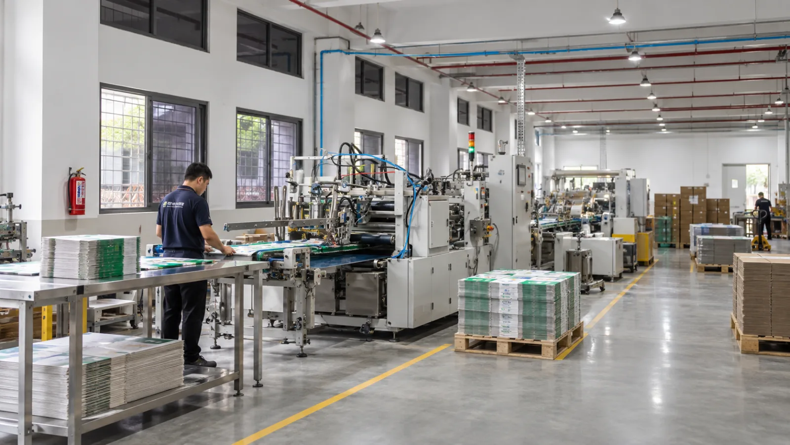 The folder gluer hall, an operator at the packing table at the delivery end and counted stacks of finished cartons on pallets ready for casing.