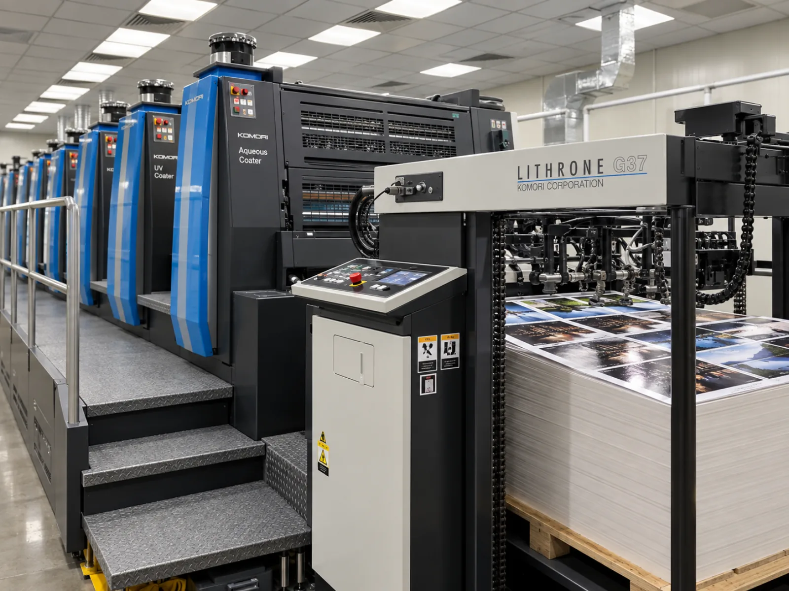 The coating end of the Komori: the aqueous coater and the UV coater standing in line at the far end of the printing units, with the delivery and its pile of coated sheets in front of them.