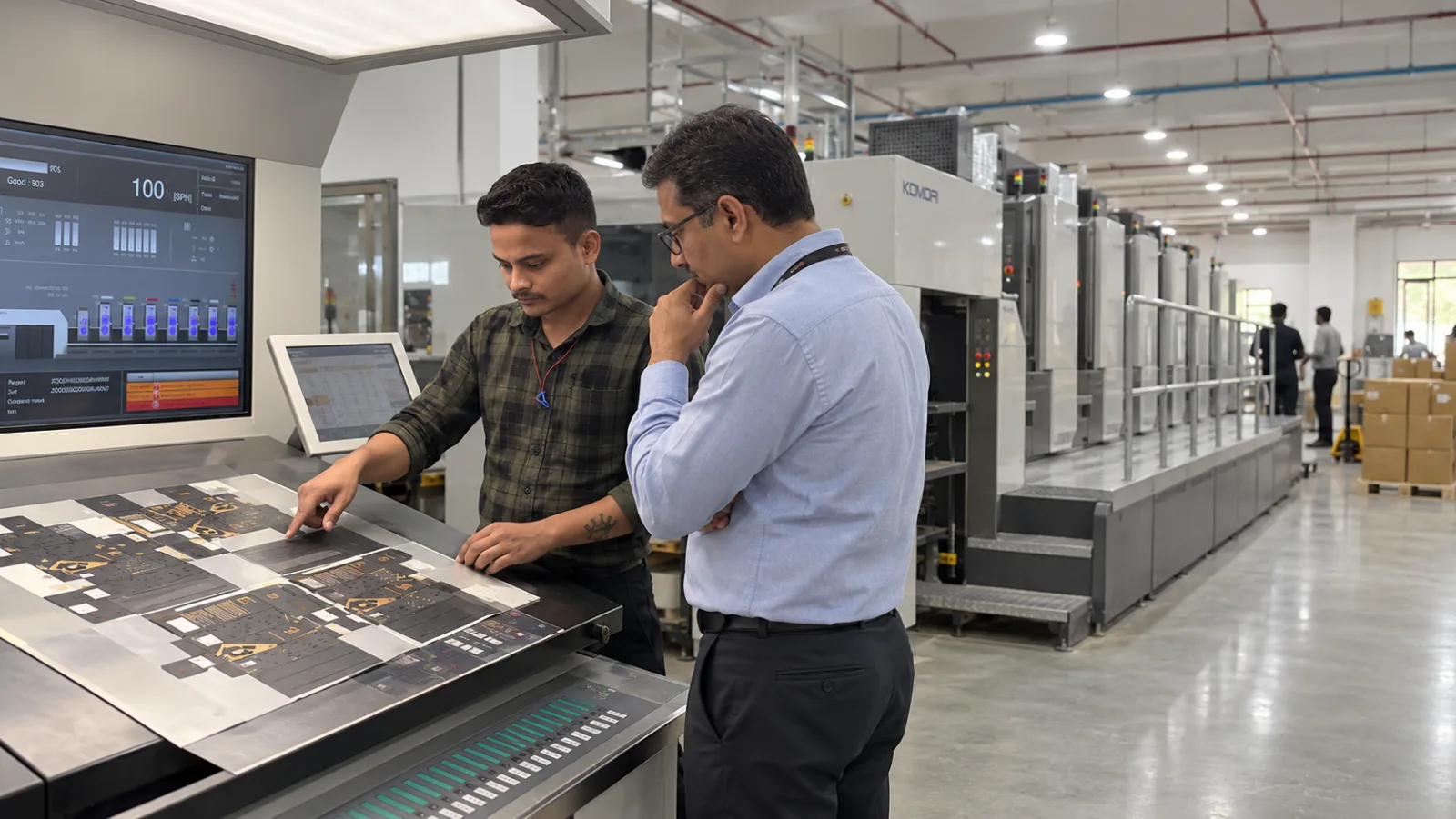 A visitor at the press console beside an operator, a printed carton sheet laid across the light table between them and the printing units of the press running down the hall behind.
