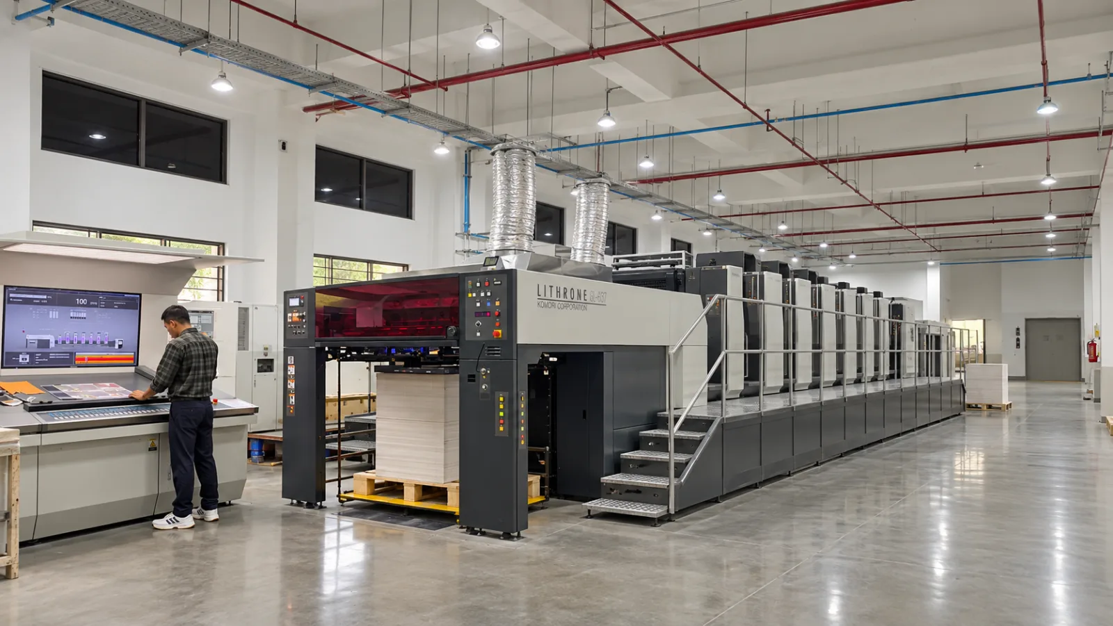 The Komori Lithrone GL-637 standing alone in the press hall, a pile of board at the feeder and its units running down a clear floor, with an operator at the console on the left.