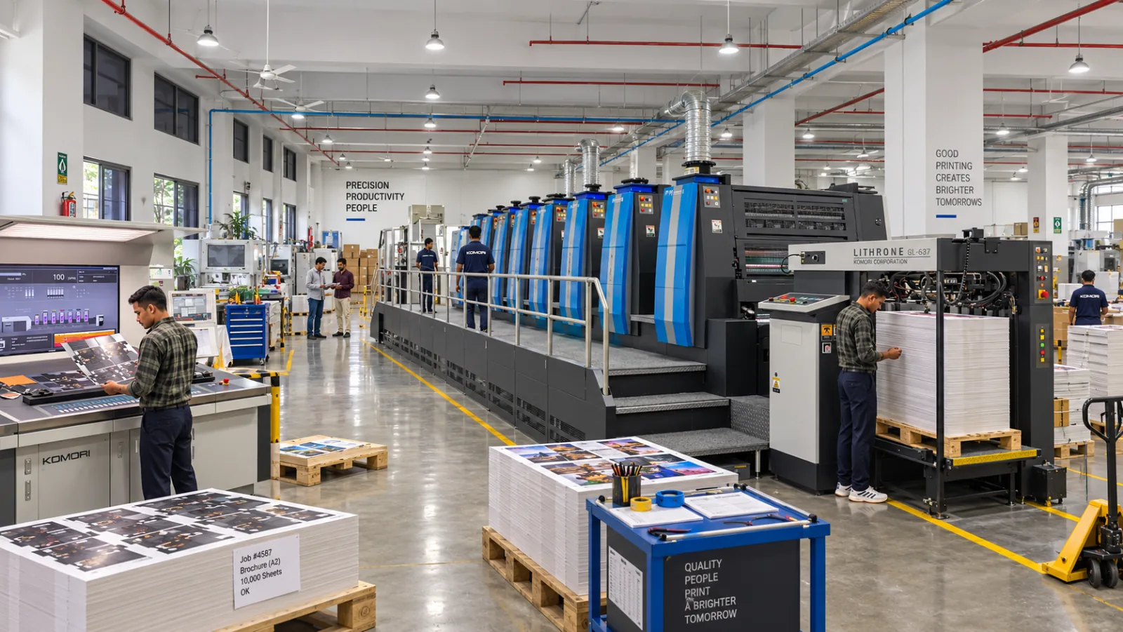 The press room in Ahmedabad: the Komori Lithrone GL-637 running down the length of the hall with its delivery and console in the foreground, a printed sheet on the make-ready bench, and the converting floor carrying on behind it.