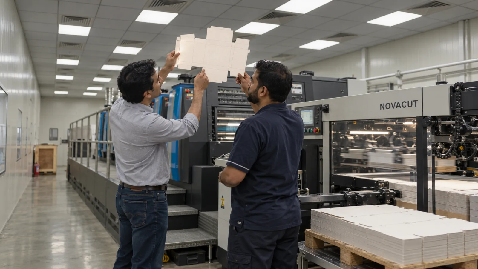 A visitor and an operator holding a cut and creased blank up to the light between them beside the Novacut, with stacks of cut blanks on a pallet at its delivery and the press standing behind.
