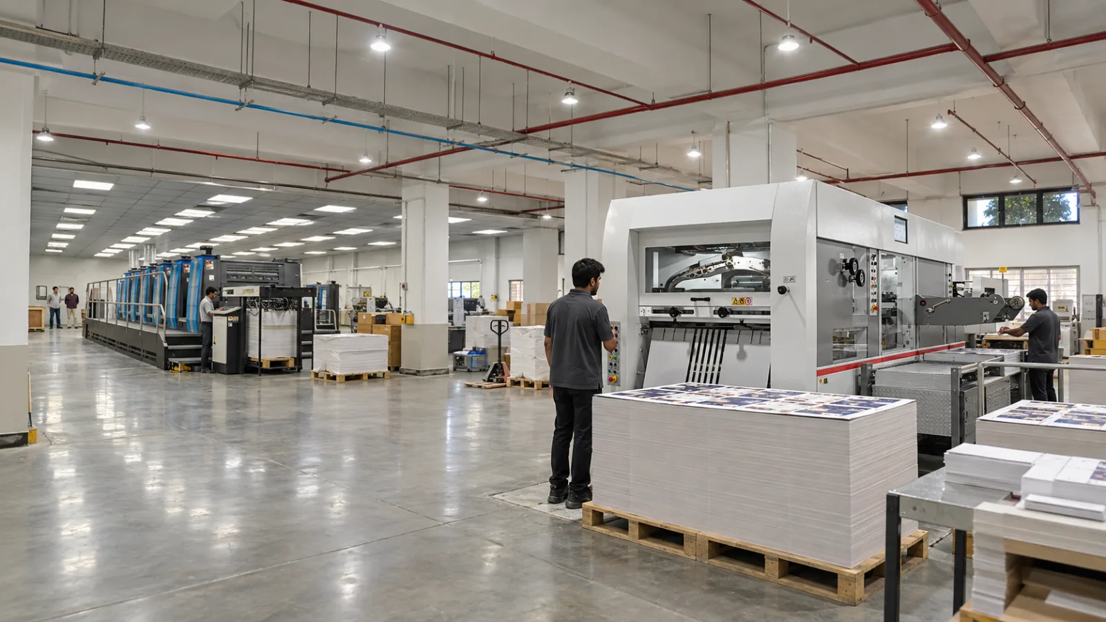 The converting floor with the die cutter in the foreground, an operator at its feeder and a pallet of printed sheets standing at it, and the press running on the same floor behind it.