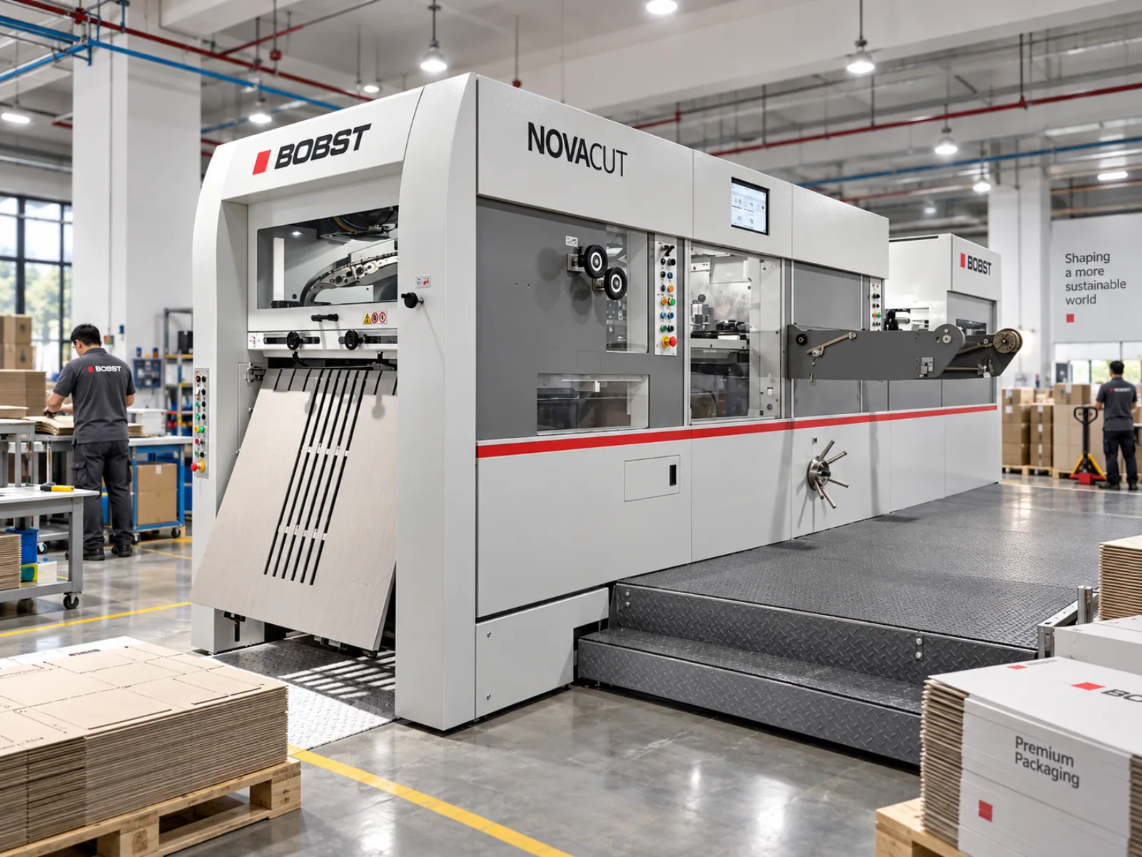 The Bobst Novacut automatic platen die cutter on the converting floor, feeder at one end and delivery at the other.