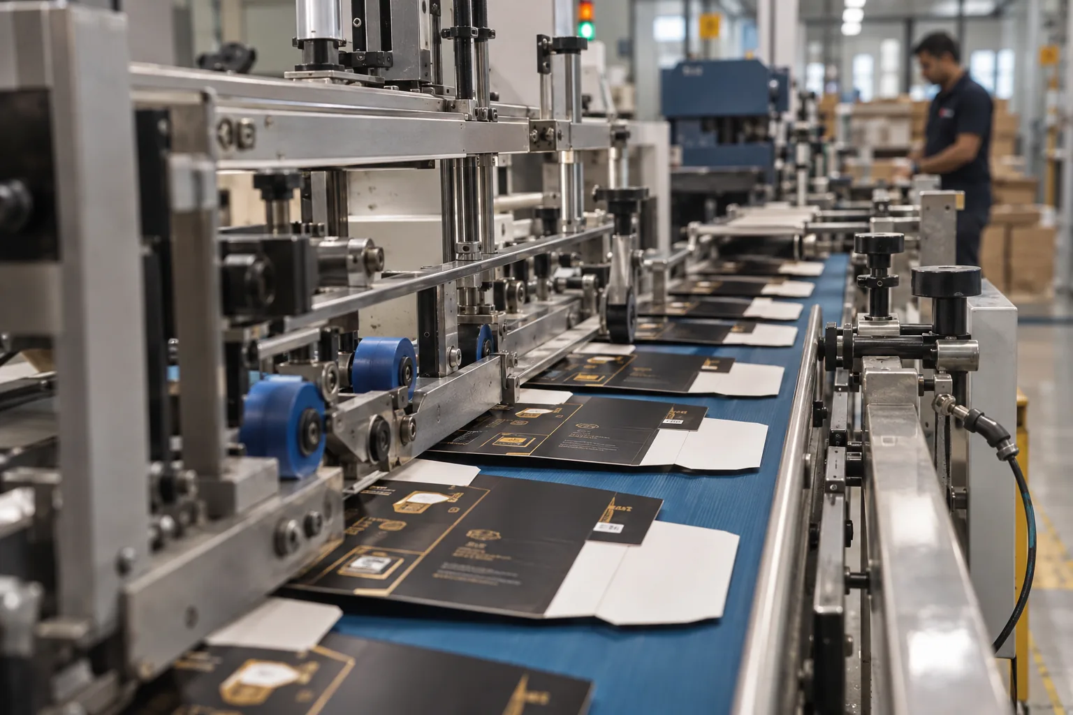 Folded black and gold cartons shingling along the delivery belt of the folder gluer, the compression rollers holding each seam closed above them, with an operator packing counted stacks at the end of the line.
