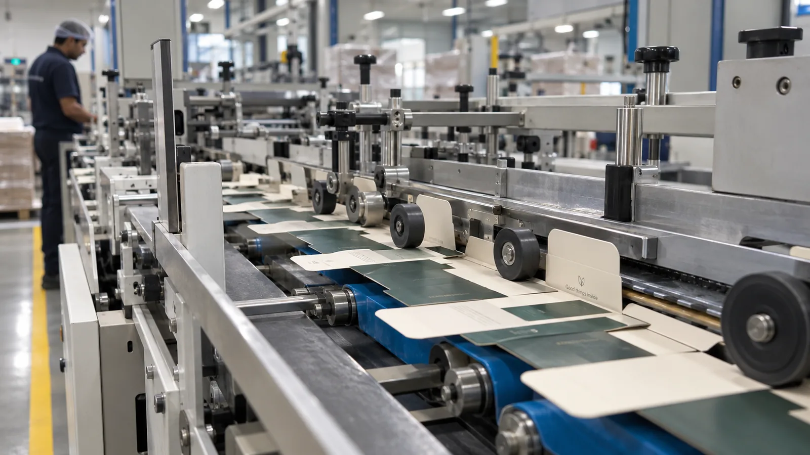 Printed blanks traveling the blue belts of the folder gluer under its folding rails and wheels, the side panels turning over, with an operator in a hairnet working further up the line.