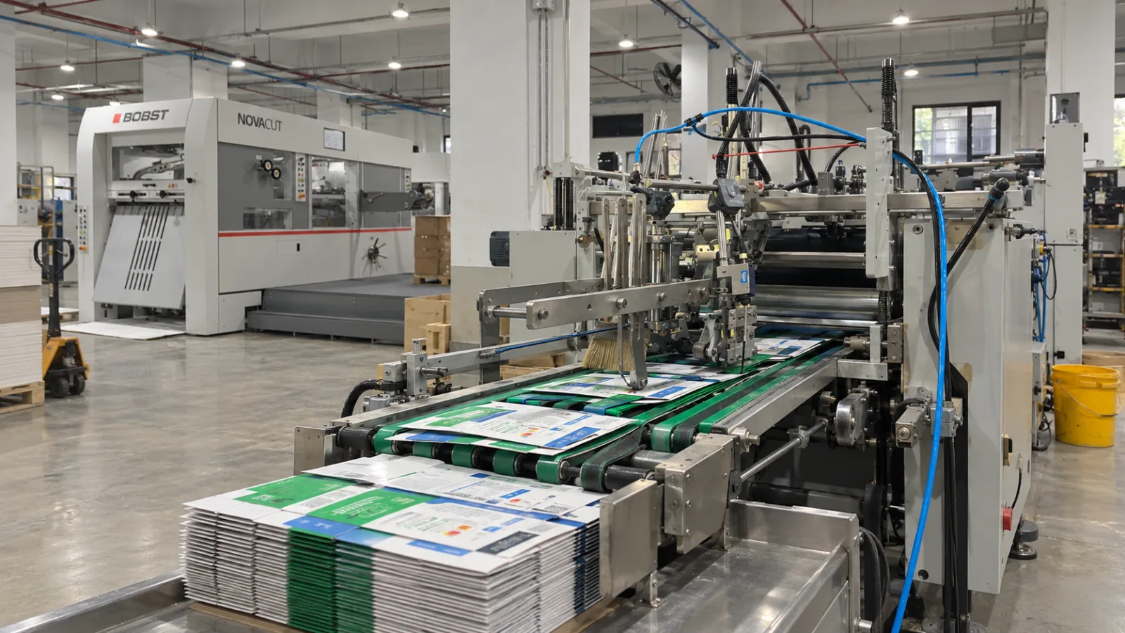 Printed cartons folded flat and stacking off the belts at the delivery end of the folder gluer, with the Bobst Novacut standing on the same floor behind it.