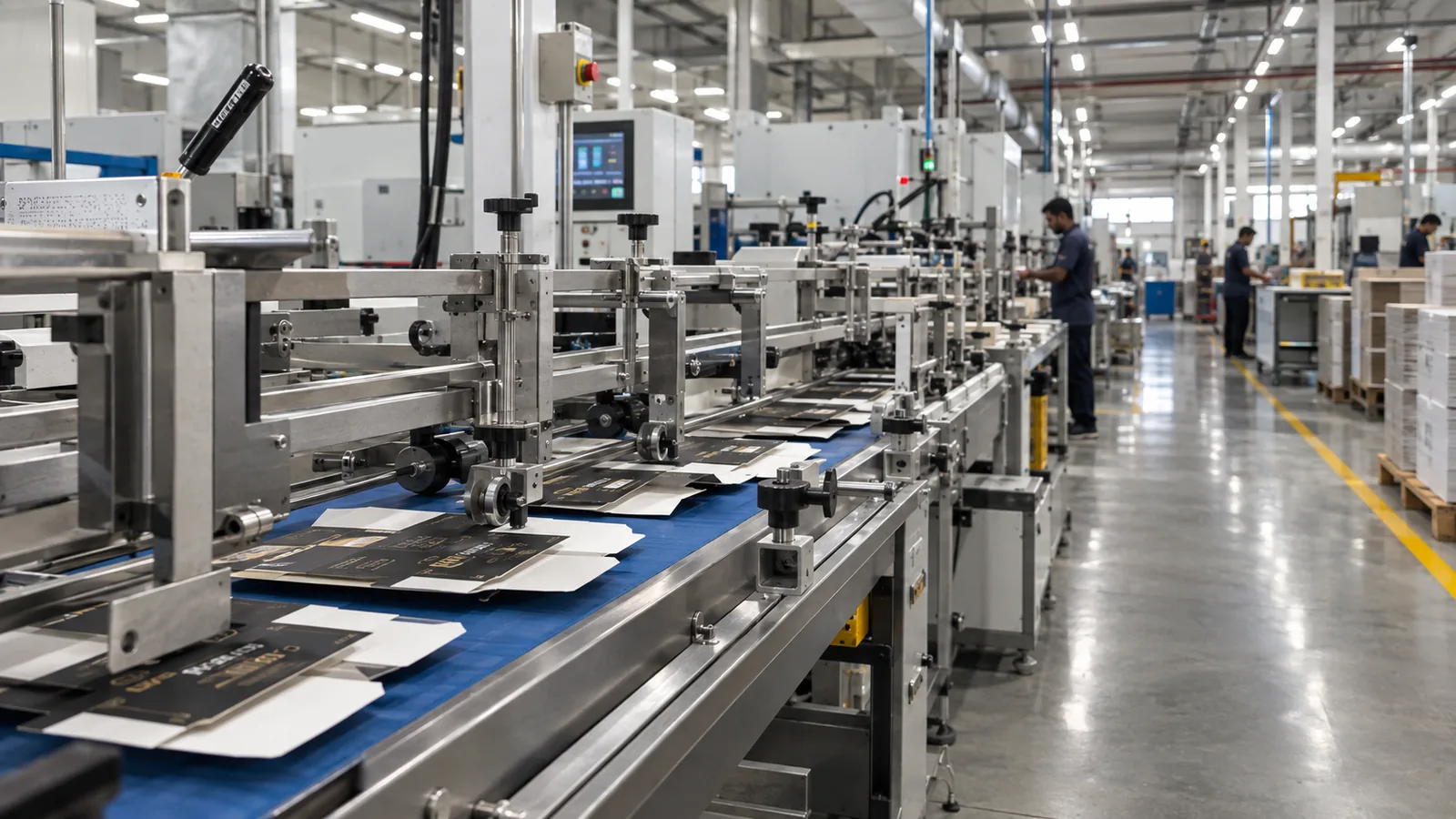 The Bobst Novafold folder gluer running the length of the converting hall, belts carrying folded cartons to the delivery.